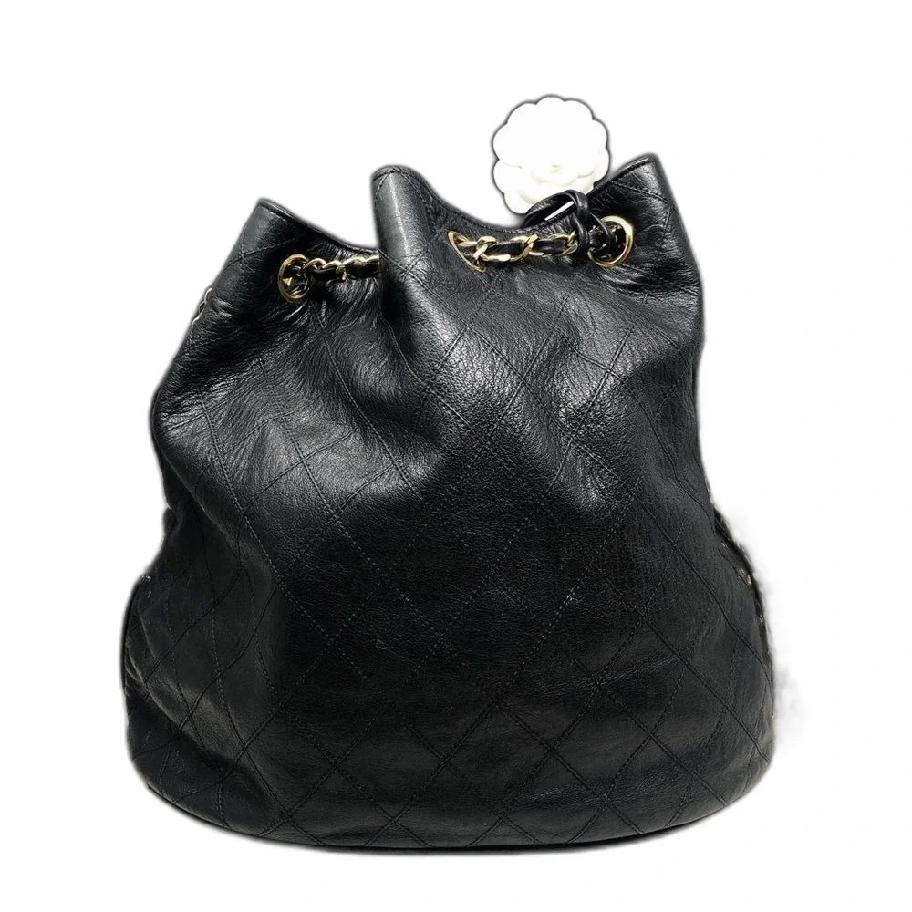 Vintage Chanel Black Lambskin Quilted CC Drawstring Bucket Bag Leather Backpack